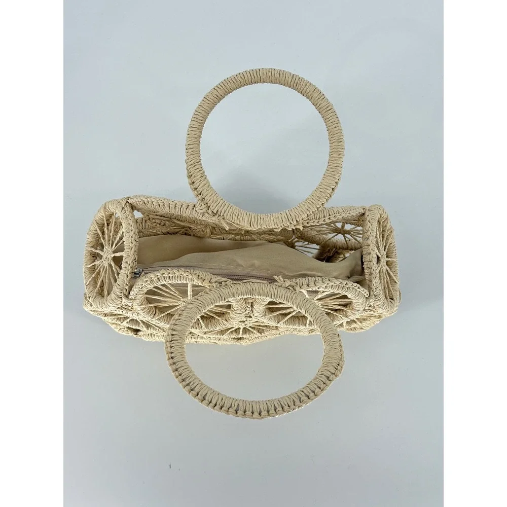 Woven Straw Circle Wheel Tote Bag Beige Raffia Summer Beach Handbag Boho Beach